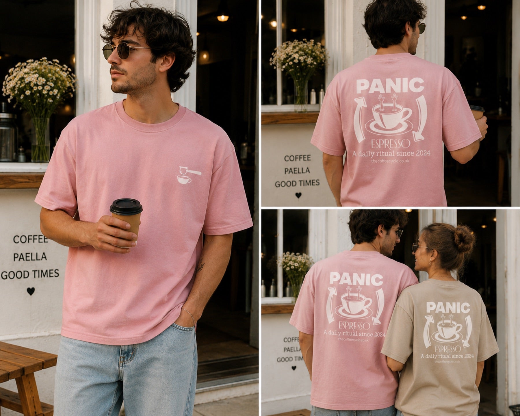 Panic Espresso pink T-shirt lifestyle campaign